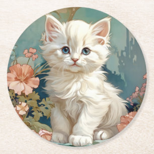 Dessous De Verre Rond Alphonse Mucha Style Chat blanc
