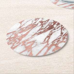 Dessous De Verre Rond Aluminium rose de Faux d'or et motif de marbre