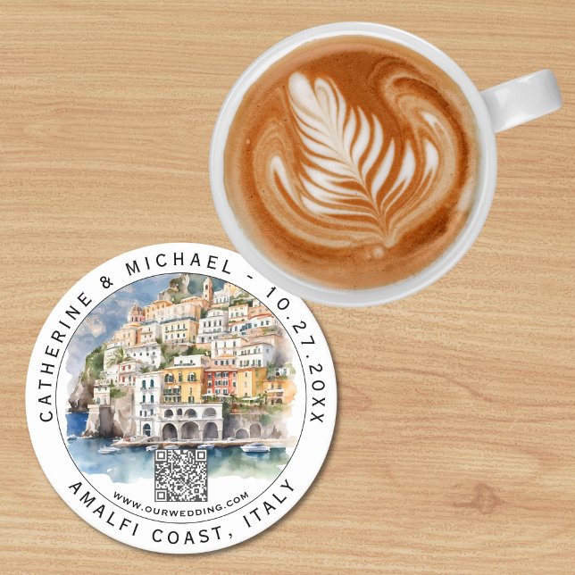Dessous De Verre Rond Amalfi Coast Italie Mariage Enregistrer La Date QR (Créateur téléchargé)