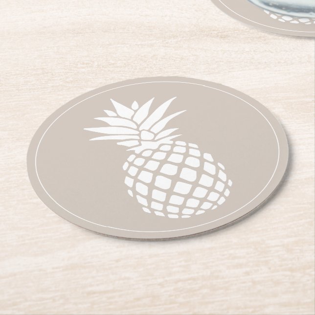 Dessous De Verre Rond Ananas blanc préppy sur beige (Incliné)