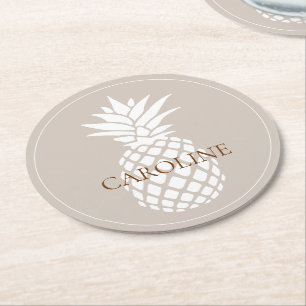 Dessous De Verre Rond Ananas blancs chics sur fond beige