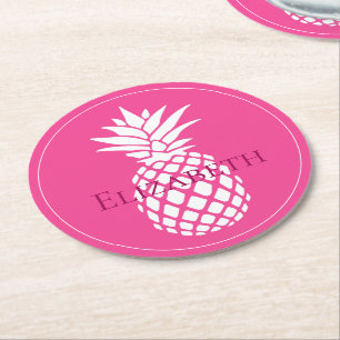 Dessous De Verre Rond Ananas blancs chics sur fond rose