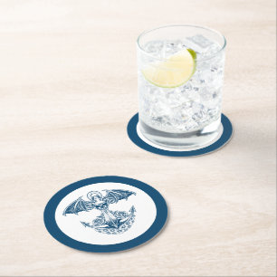 Dessous De Verre Rond Ancrage nautique avec crâne et fleurs