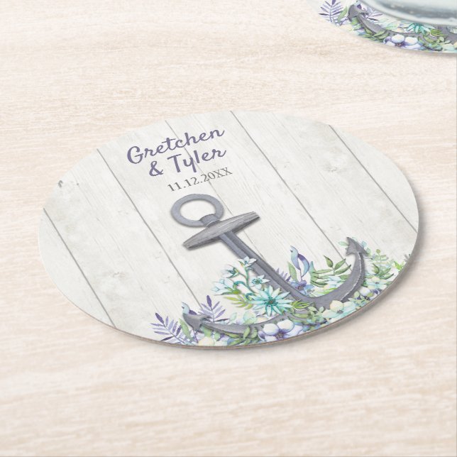 Dessous De Verre Rond Ancre florale marine (Incliné)