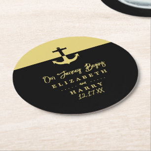 Dessous De Verre Rond Ancre nautique - Black Gold - Mariage plage