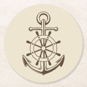 Dessous De Verre Rond Ancre nautique Vintage et roue de bateau Tan