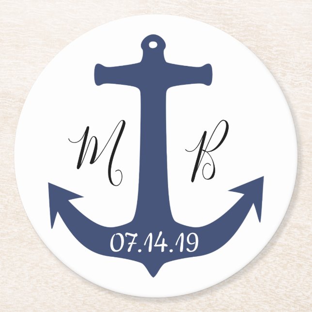 Dessous De Verre Rond Ancre personnalisée Mariage nautique (Devant)