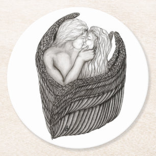 Dessous De Verre Rond Angels Kissing, noir et blanc Design