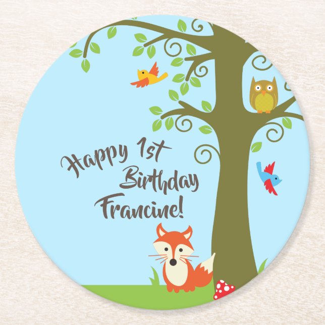 Dessous De Verre Rond Animaux des bois fête d'anniversaire (Devant)