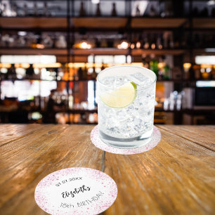 Dessous De Verre Rond Anniversaire blanc rose nom de la parties scintill