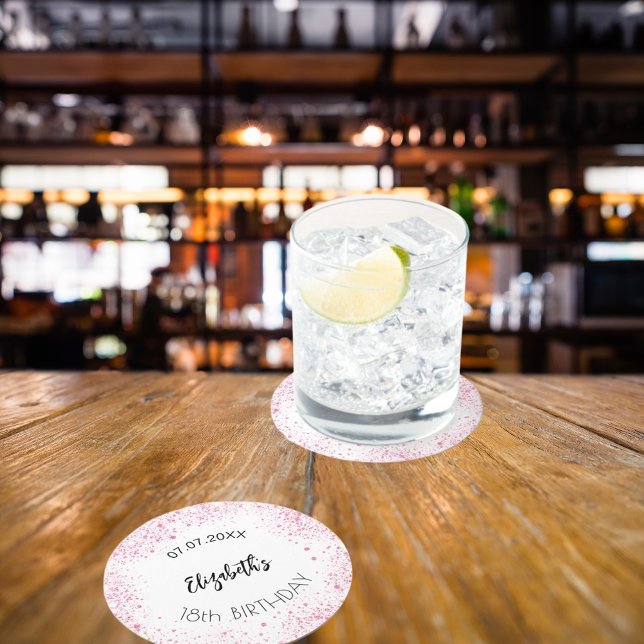 Dessous De Verre Rond Anniversaire blanc rose nom de la parties scintill (Créateur téléchargé)