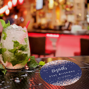 Dessous De Verre Rond Anniversaire bleu marine rose confetti d'or