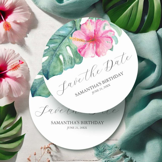Dessous De Verre Rond Anniversaire Enregistrer La Date Thème Tropical (Tropical Birthday decor watercolor flowers and palm leaves by Victoria Grigaliunas Do Tell A Belle)