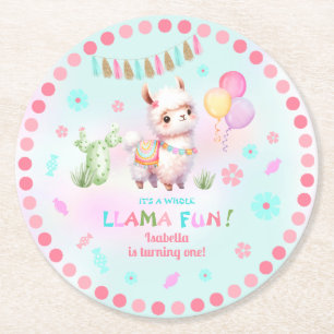 Dessous De Verre Rond Anniversaire Fille Drôle Lama Coloré Cactus