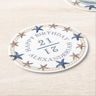 Dessous De Verre Rond Anniversaire Marine Bleue Blanc Tan Starfish