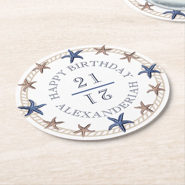 Dessous De Verre Rond Anniversaire Marine Bleue Blanc Tan Starfish (Incliné)