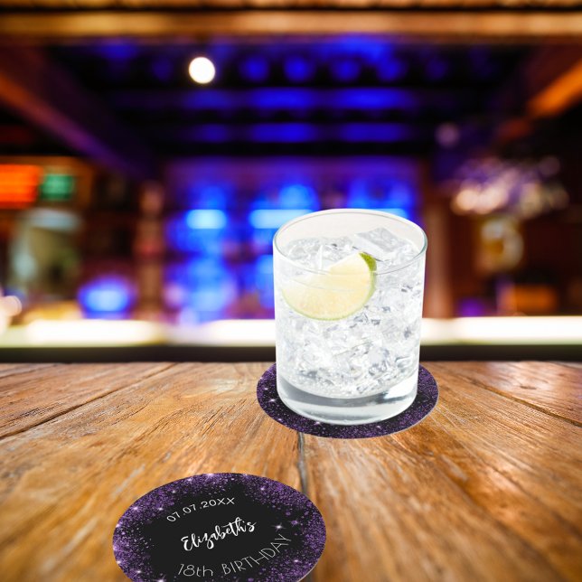 Dessous De Verre Rond Anniversaire noir violet parties scintillant nom d (Créateur téléchargé)