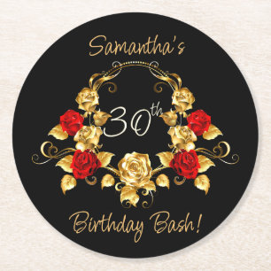 Dessous De Verre Rond Anniversaire rouge et or