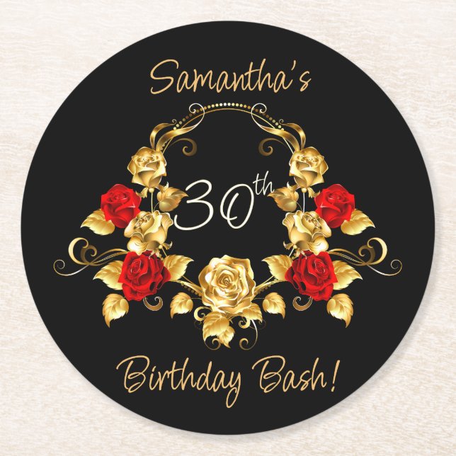 Dessous De Verre Rond Anniversaire rouge et or (Devant)