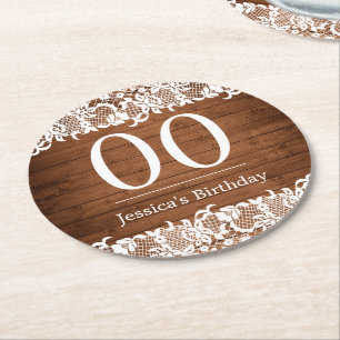 Dessous De Verre Rond Anniversaire Rustique Bois et dentelle blanche