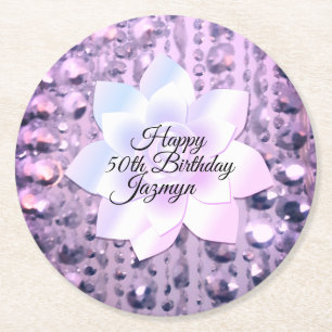 Dessous De Verre Rond Anniversaire violet et rose élégant perlé