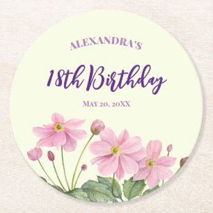 Dessous De Verre Rond Aquarelle 18e anniversaire Pink japonais Anemone