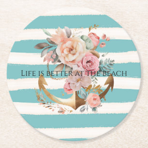 Dessous De Verre Rond Aquarelle Aqua Beach rayures Ancres florales