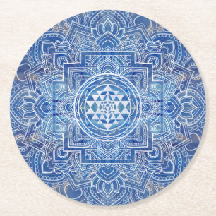 Dessous De Verre Rond Aquarelle bleue Sri Yantra/Sri Chakra