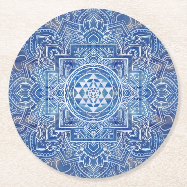 Dessous De Verre Rond Aquarelle bleue Sri Yantra/Sri Chakra (Devant)