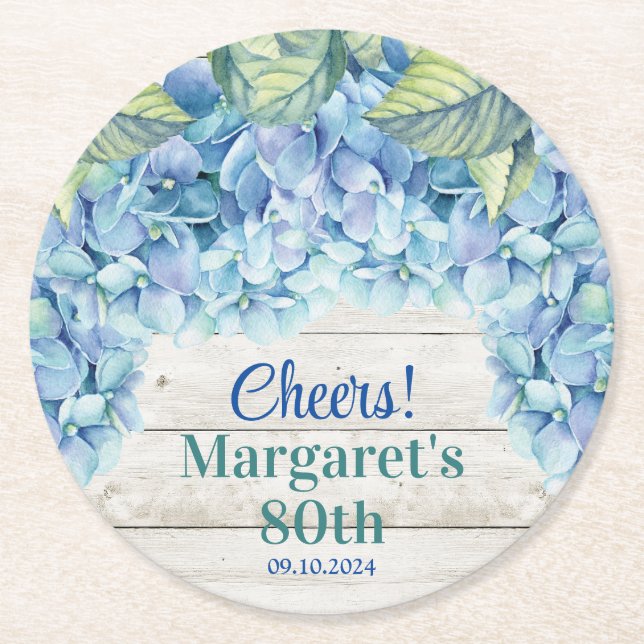 Dessous De Verre Rond Aquarelle Blue Hydrangea 80e anniversaire (Devant)