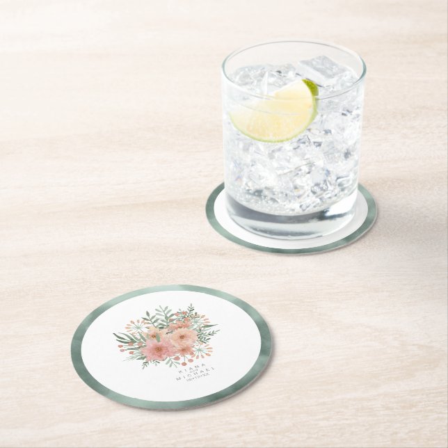 Dessous De Verre Rond Aquarelle Bouquet Mariage Blush ID654 (En situation)