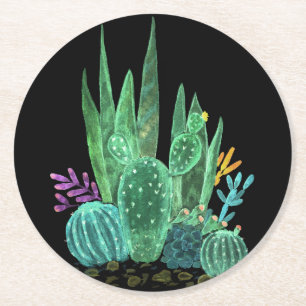 Dessous De Verre Rond Aquarelle, cactus, fleurs grand horloge