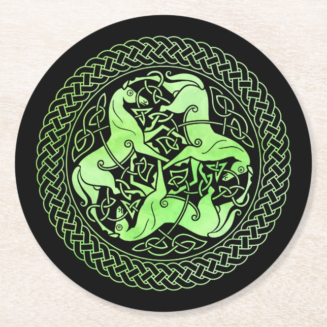Dessous De Verre Rond Aquarelle Cercle de noeud celtique vert avec cheva (Devant)