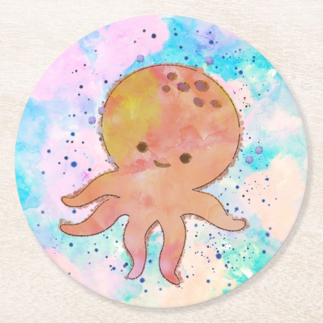 Dessous De Verre Rond Aquarelle de caricature de poulpe mignonne (Devant)
