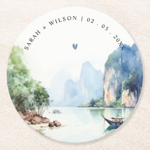 Dessous De Verre Rond Aquarelle douce Côte Thaïlande Mariage marin