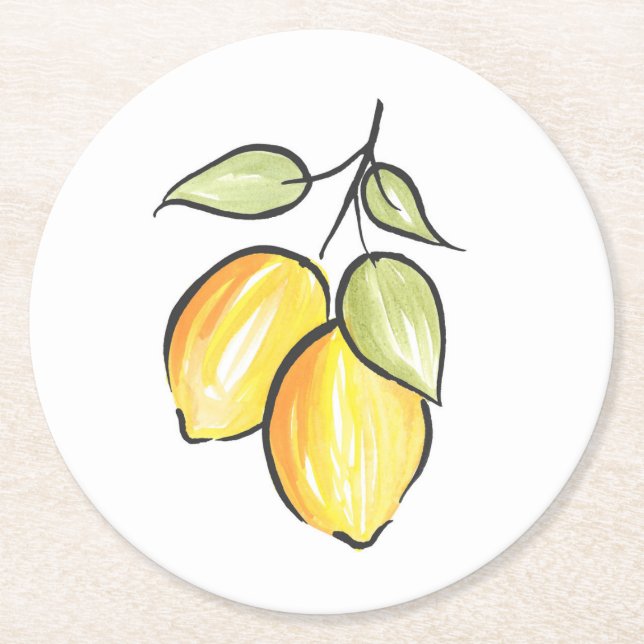 Dessous De Verre Rond Aquarelle et citrons d'encre (Devant)