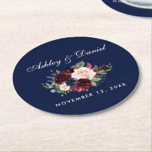 Dessous De Verre Rond Aquarelle florale Mariage bleu Bourgogne