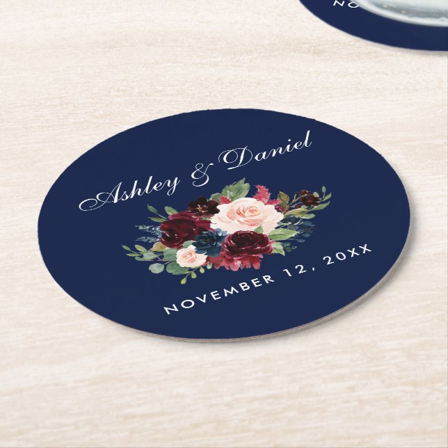 Dessous De Verre Rond Aquarelle florale Mariage bleu Bourgogne (Incliné)