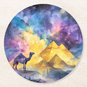 Dessous De Verre Rond Aquarelle Galaxie Désertique Chameau Pyramide Voya