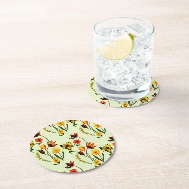 Dessous De Verre Rond Aquarelle jaune prés printemps Fleurs sauvages (En situation)