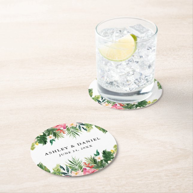 Dessous De Verre Rond Aquarelle Mariage floral tropical (En situation)