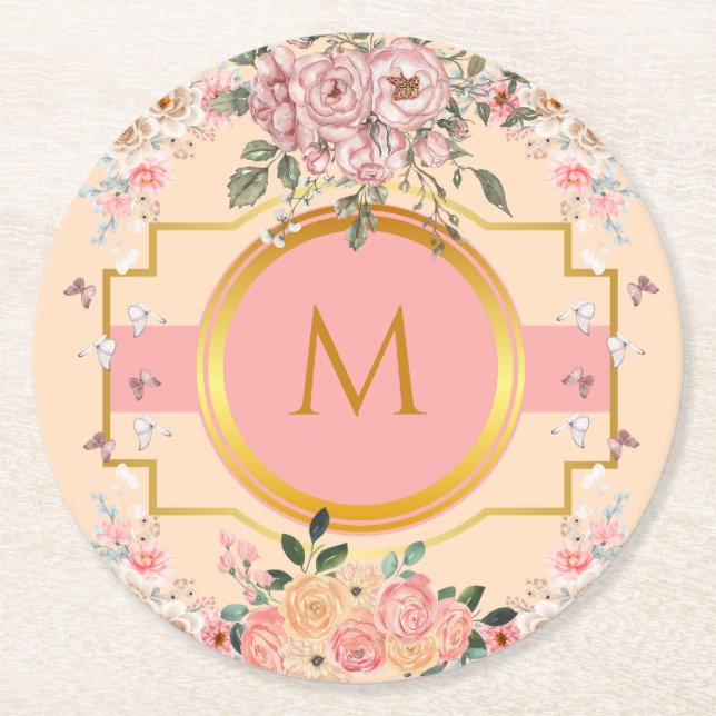 Dessous De Verre Rond Aquarelle mignonne Fleurs roses Monogrammes pour e (Devant)