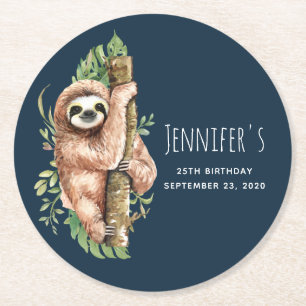 Dessous De Verre Rond Aquarelle mignonne Sloth & Feuilles tropicaux Anni