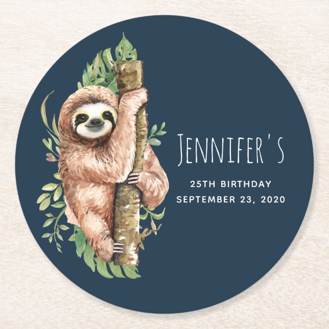 Dessous De Verre Rond Aquarelle mignonne Sloth & Feuilles tropicaux Anni (Devant)