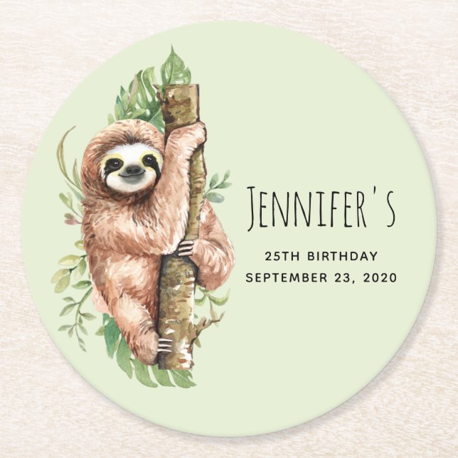 Dessous De Verre Rond Aquarelle mignonne Sloth & Feuilles tropicaux Anni (Devant)