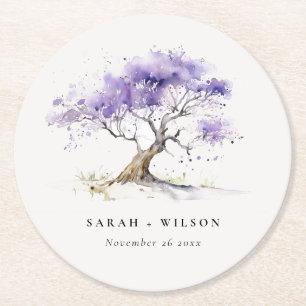 Dessous De Verre Rond Aquarelle minimale Lilac Jacaranda Mariage arbre