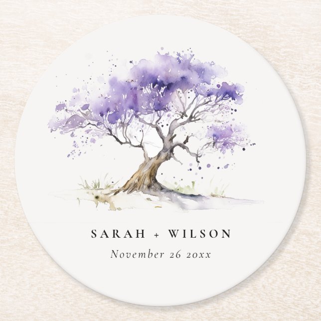 Dessous De Verre Rond Aquarelle minimale Lilac Jacaranda Mariage arbre (Devant)
