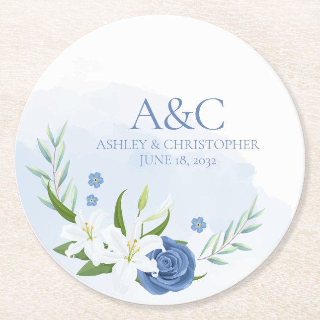 Dessous De Verre Rond Aquarelle moderne bleu Mariage Floral (Devant)