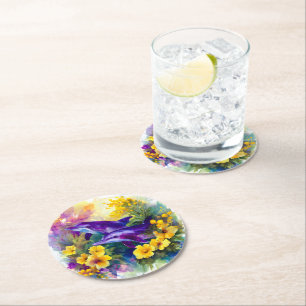 Dessous De Verre Rond Aquarelle Océan Dauphins Fleurs Tropicales