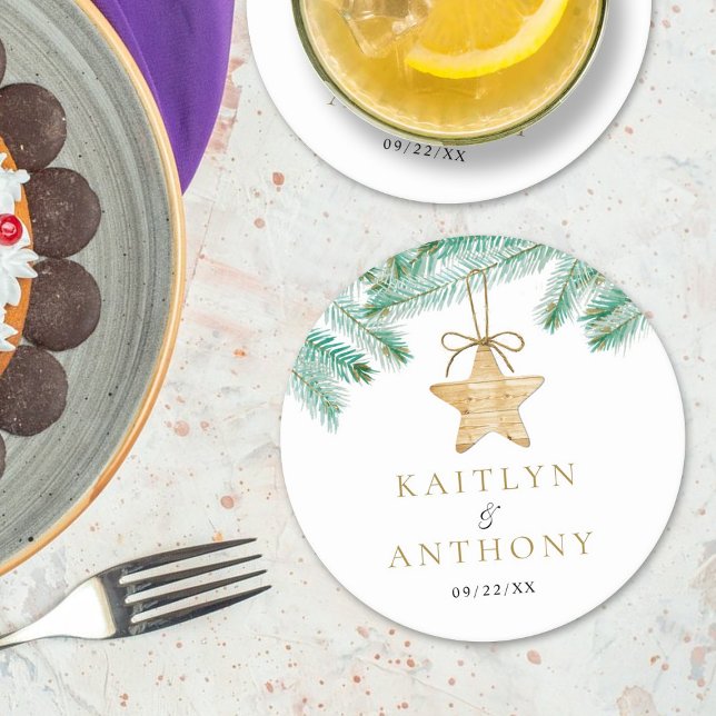 Dessous De Verre Rond Aquarelle Pine Boughs Noël Mariage d'hiver (Créateur téléchargé)